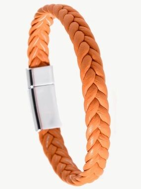 Braided Orange Leather Bracelet with Silver Magnetic Clasp NWT